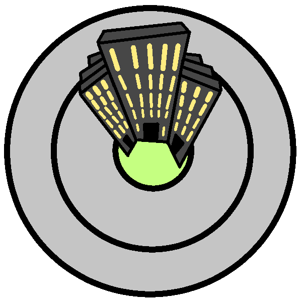 A target with a pale green center, and a gray middle and outside. There are three gray skyscrapers coming up from the center.